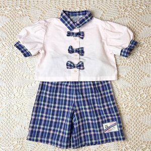 Vintage 1980s Russ Girls 5 Years Blue Plaid Shorts Pink Collared Bow Blouse Set
